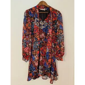 SundayUp Long Sleeve Dress Metallic Stripe Floral Front Tie Pussybow EUC Red